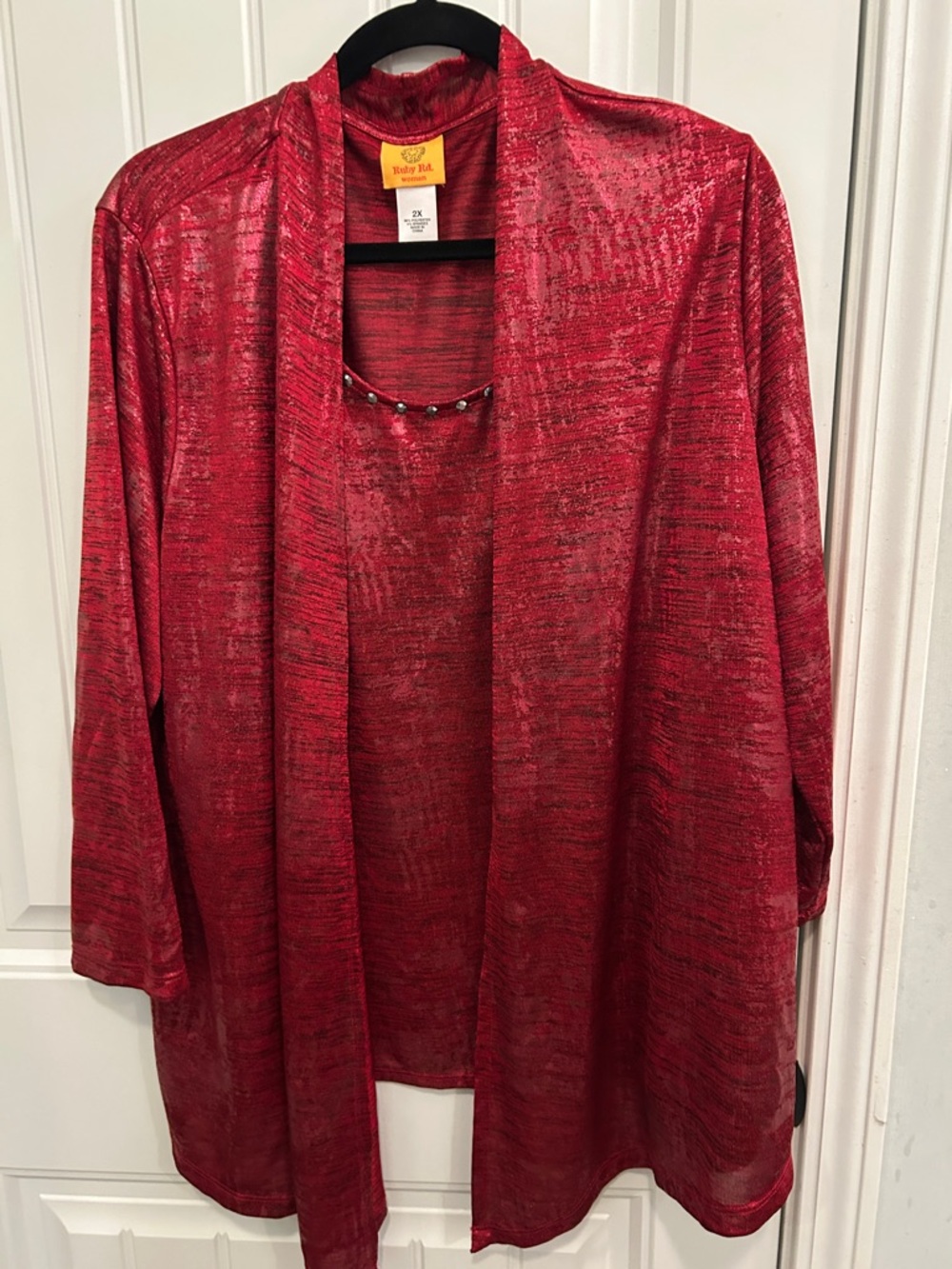 Ruby Rd. Shimmery Burgundy Open-Front Knit Top